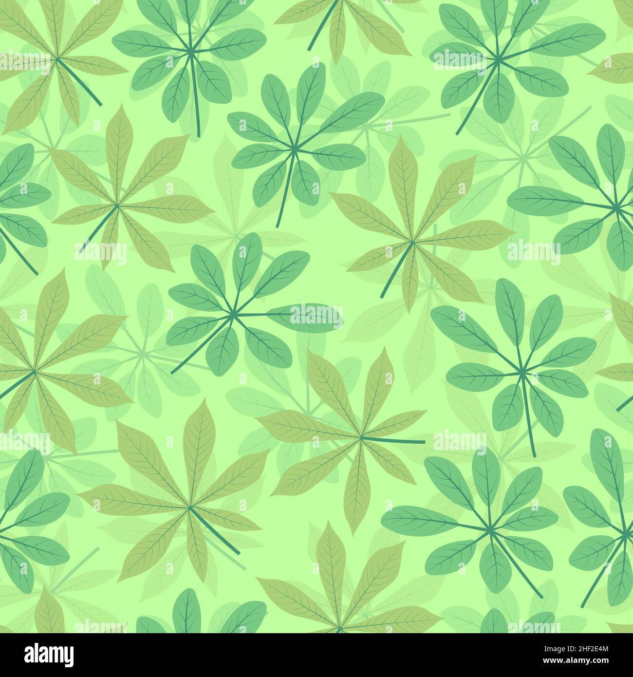 Trendy seamless ditsy pattern design of tropical schefflera leaves and cassava leaves. Artistic vector foliage background for printing and textile Stock Vector