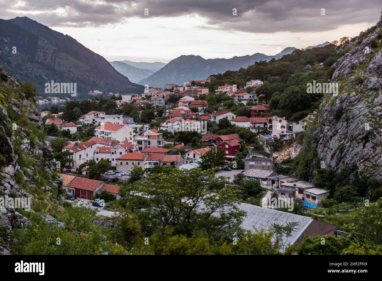 Sunset aerial view of Tabacina neighborhood of Kotor, Montenegro. Stock Photo