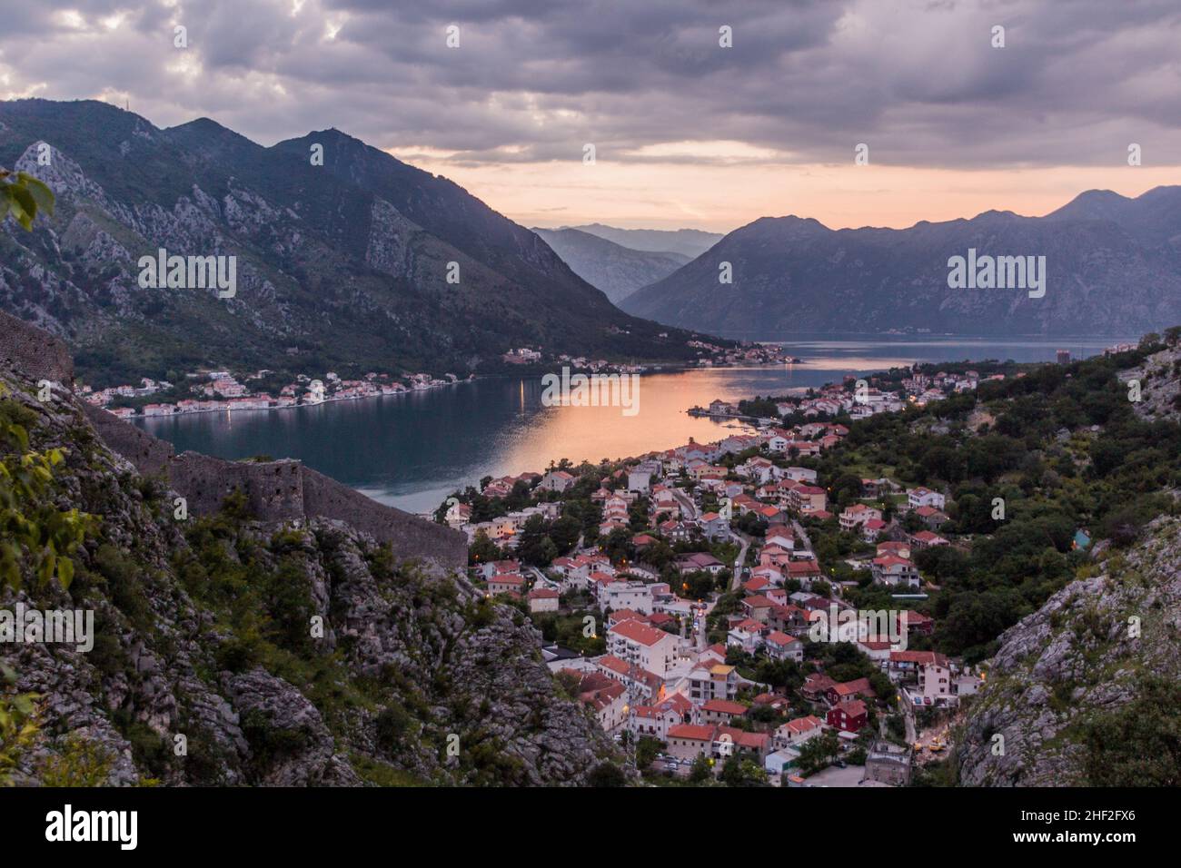 Sunset aerial view of Tabacina neighborhood of Kotor and the Bay of Kotor, Montenegro. Stock Photo