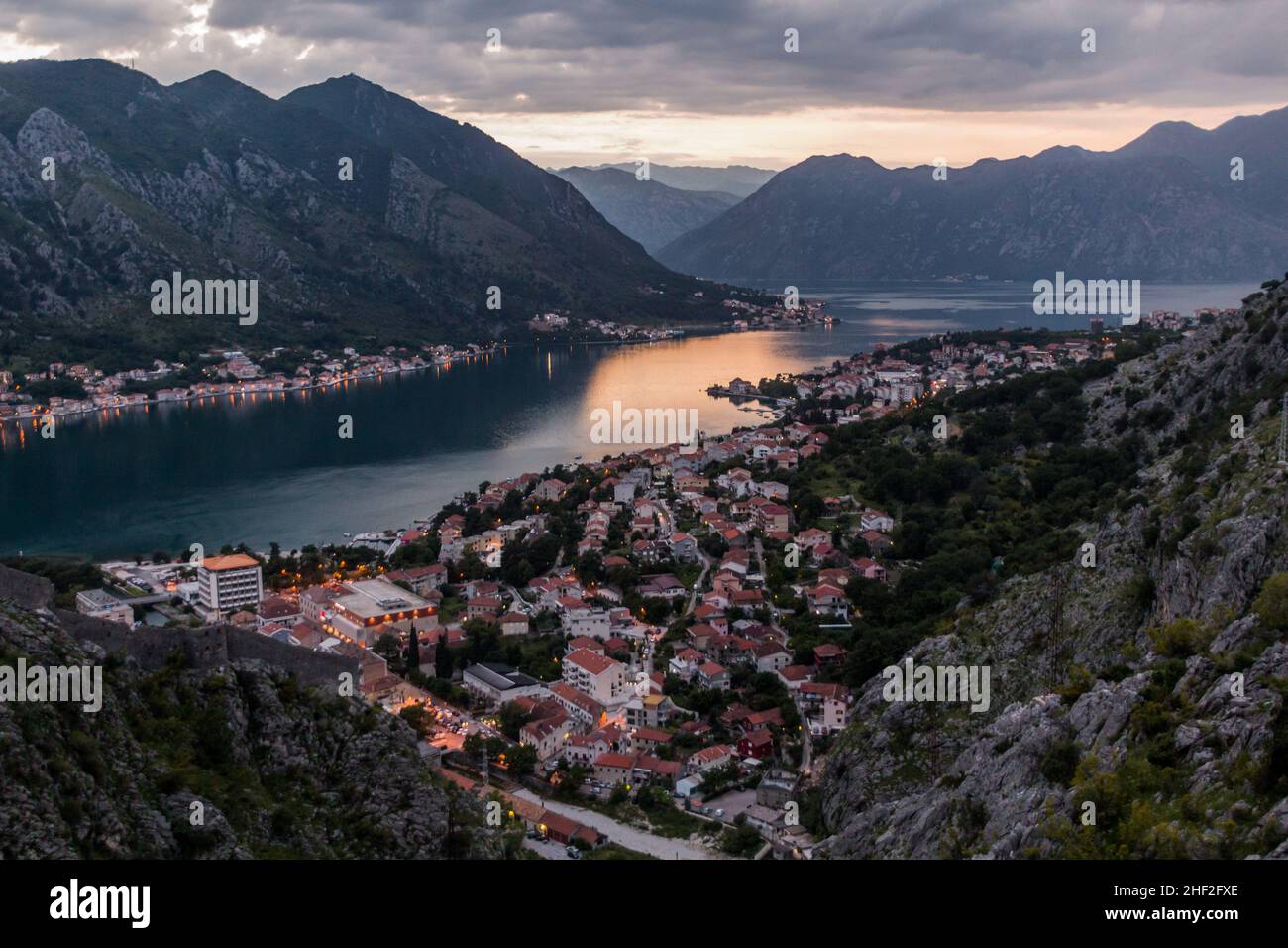 Sunset aerial view of Tabacina neighborhood of Kotor and the Bay of Kotor, Montenegro. Stock Photo