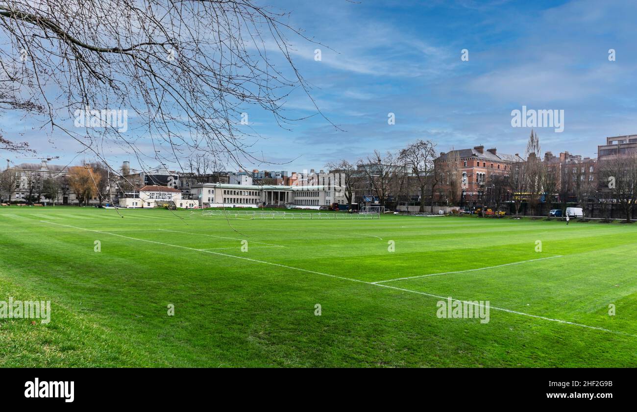 The playing fields beside the Berkeley Library in Trinity, College, Dublin, Ireland. There are proposals to use this space during library renovations, Stock Photo