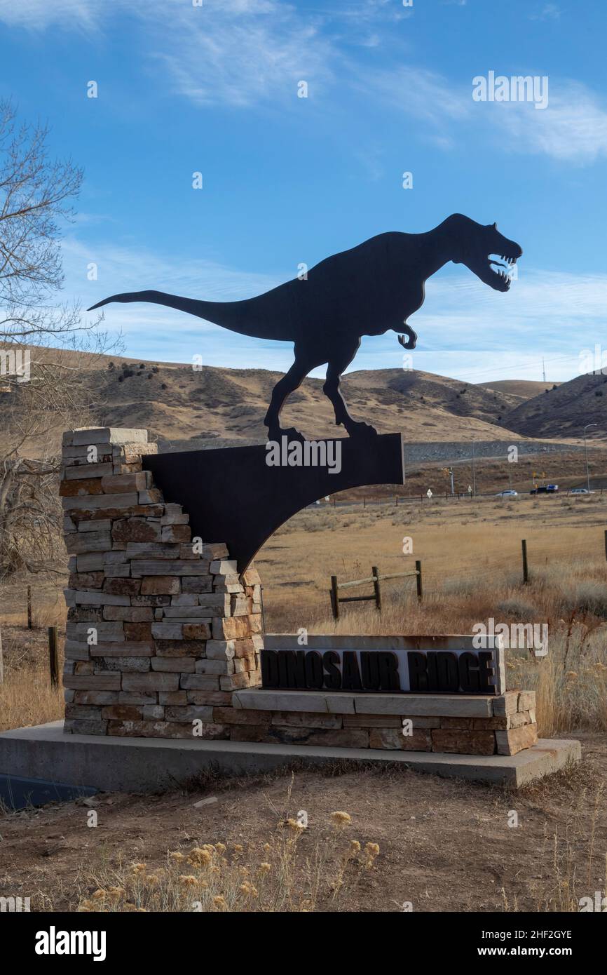 Morrison, Colorado - The enntrance to Dinosaur Ridge. Visitors can see hundreds of dinosaur footprints along the ridge, just west of Denver. The track Stock Photo
