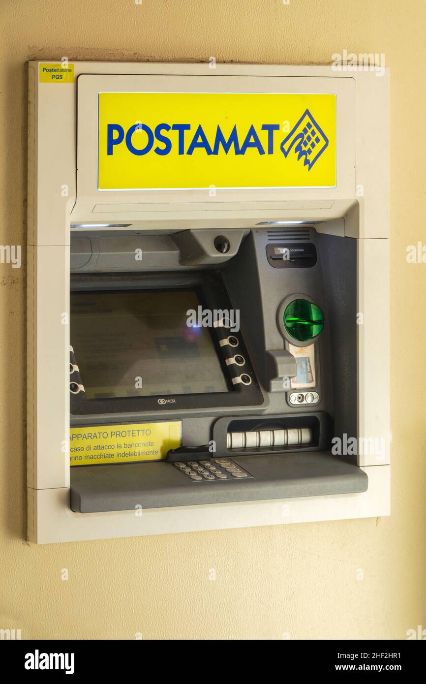 Vicenza, Italy - August 29, 2021: Postamat cash machine. Postamat is the domestic withdrawal and payment circuit managed by Italian post offices Stock Photo