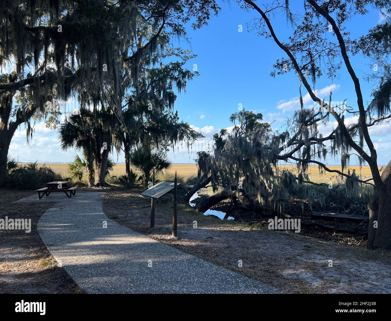 A view of the saltmarsh from the Horton House site on Jekyll Island, Georgia, a quiet slow travel destination in the southeastern United States. Stock Photo