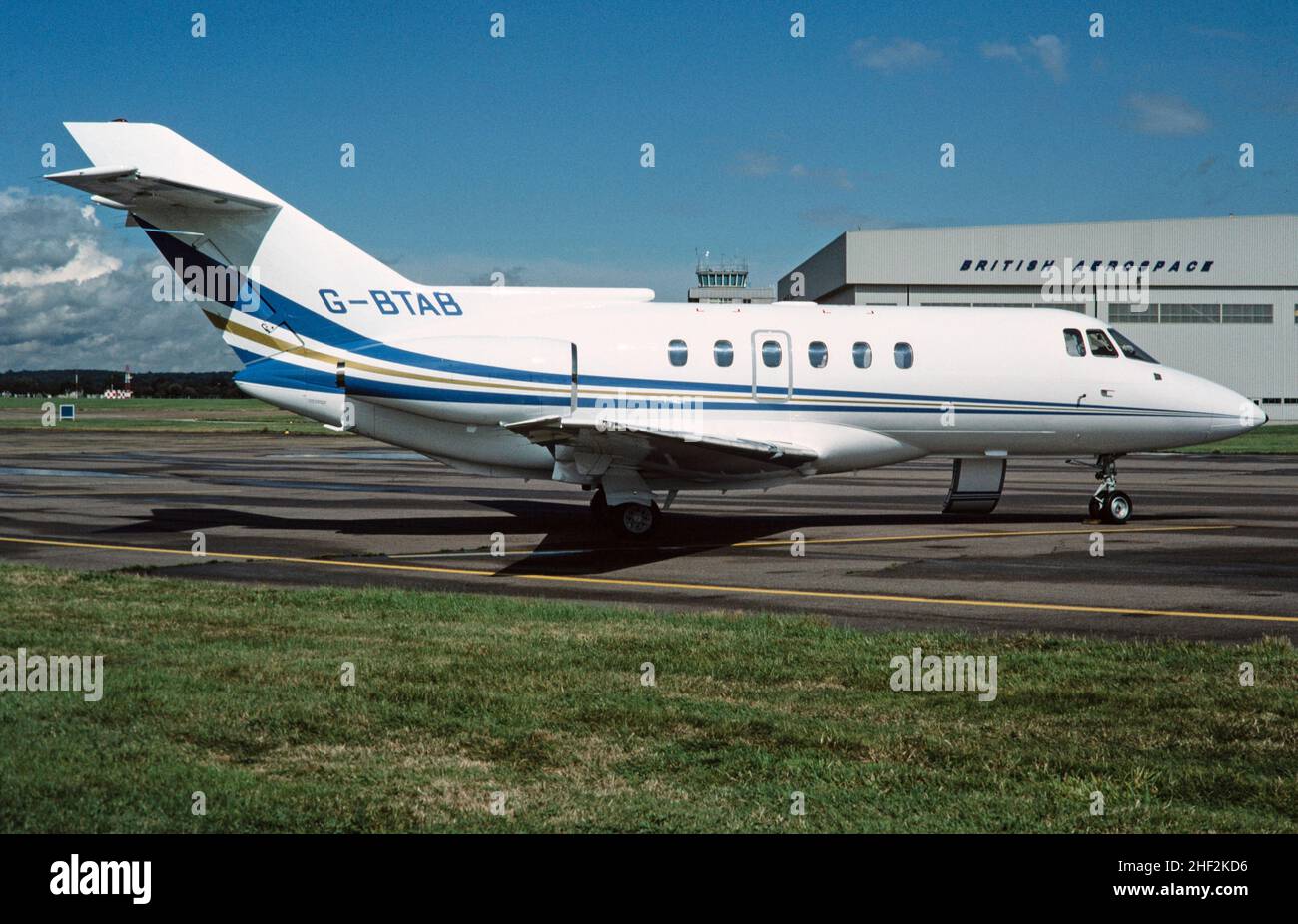 A Hawker Siddeley, British Aerospace 125 800B Business Executive Jet at Hatfield Airport in England in 1989. Registration number G-BTAB. Stock Photo