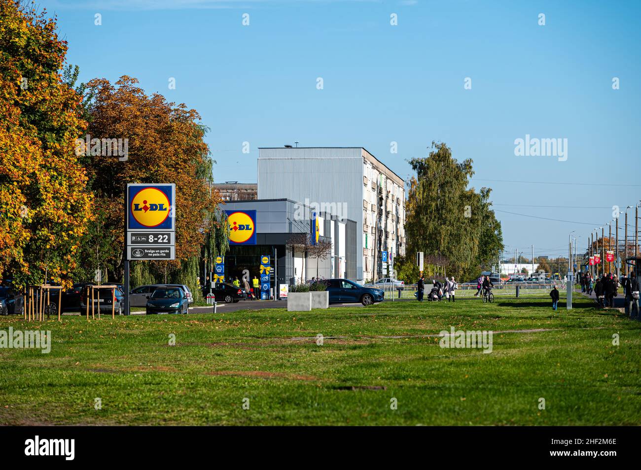 Riga, Latvia, October 9, 2021: LIDL supermarket with logo in Riga