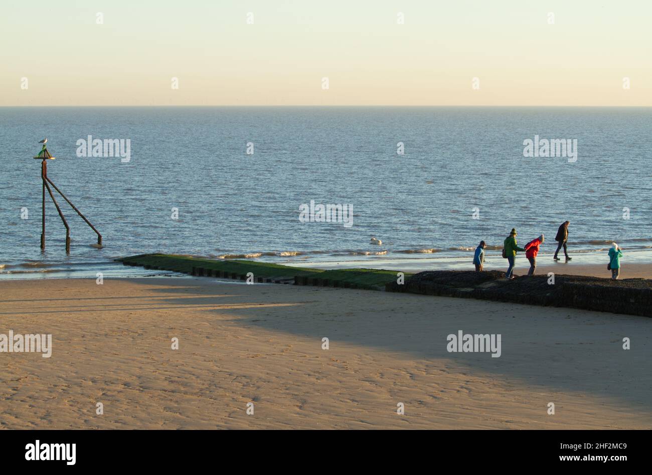 People walking over a groyne on Frinton beach in Essex Stock Photo