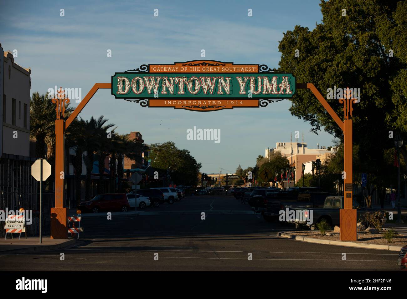 Yuma, Arizona, USA January 3, 2022 Sunset view of the gateway sign