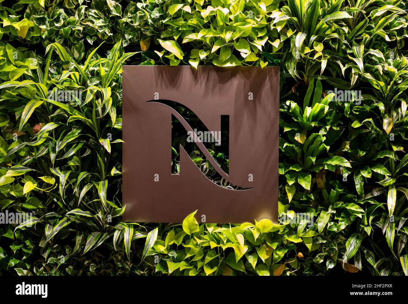 Swiss high-end and world leader in coffee capsules brand Nespresso logo seen at its store in Hong Kong. Stock Photo