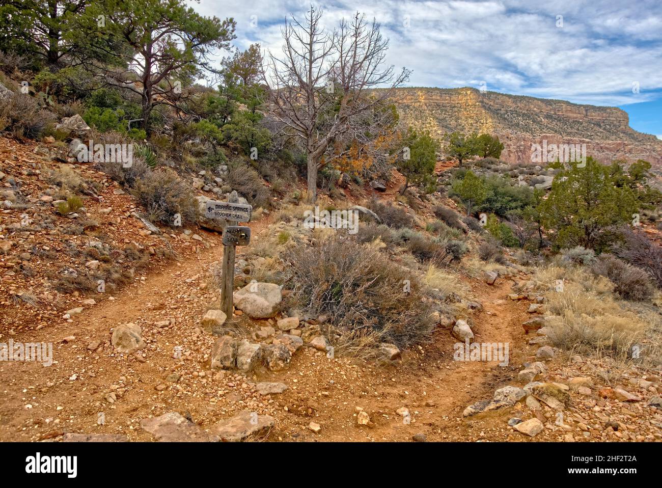 Trail intersection in the Grand Canyon where Hermit Trail meets Dripping Springs. The trail signs are posted by the National Park service. No property Stock Photo