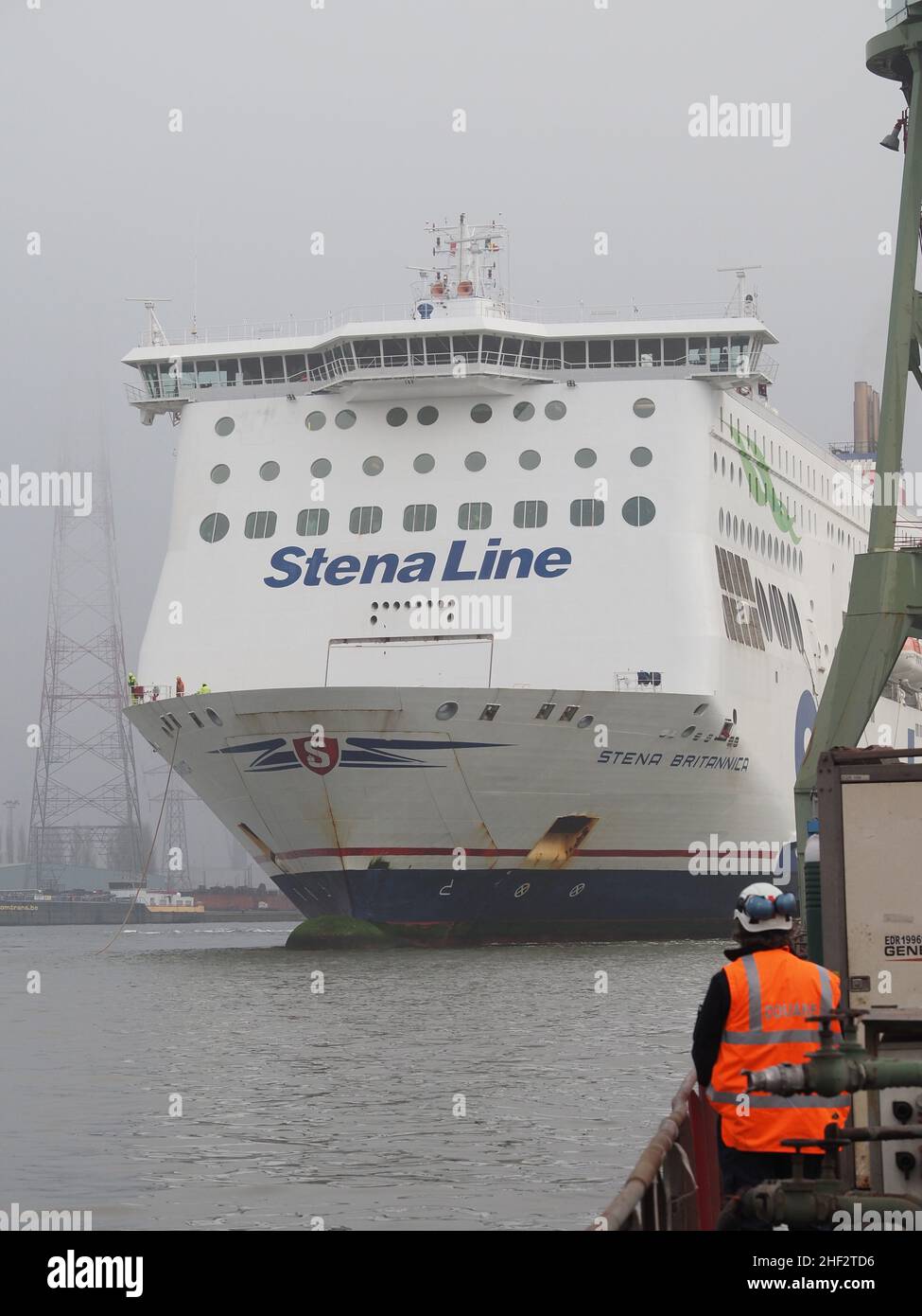 Stena Line ferry Stena Brittanica being manoeuvred into a dry dock in the port of Antwerp, Belgium Stock Photo