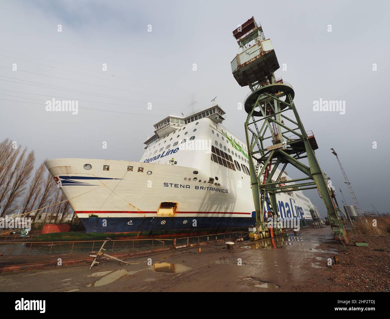 Stena Line ferry Stena Brittanica being pulled into a dry dock in the port of Antwerp, Belgium Stock Photo