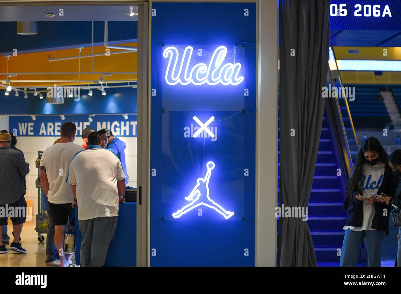 Detailed view UCLA and Jordan Brand signage outside Pauley Pavilion after an NCAA basketball game between the UCLA Bruins and the North Florida Osprey Stock Photo