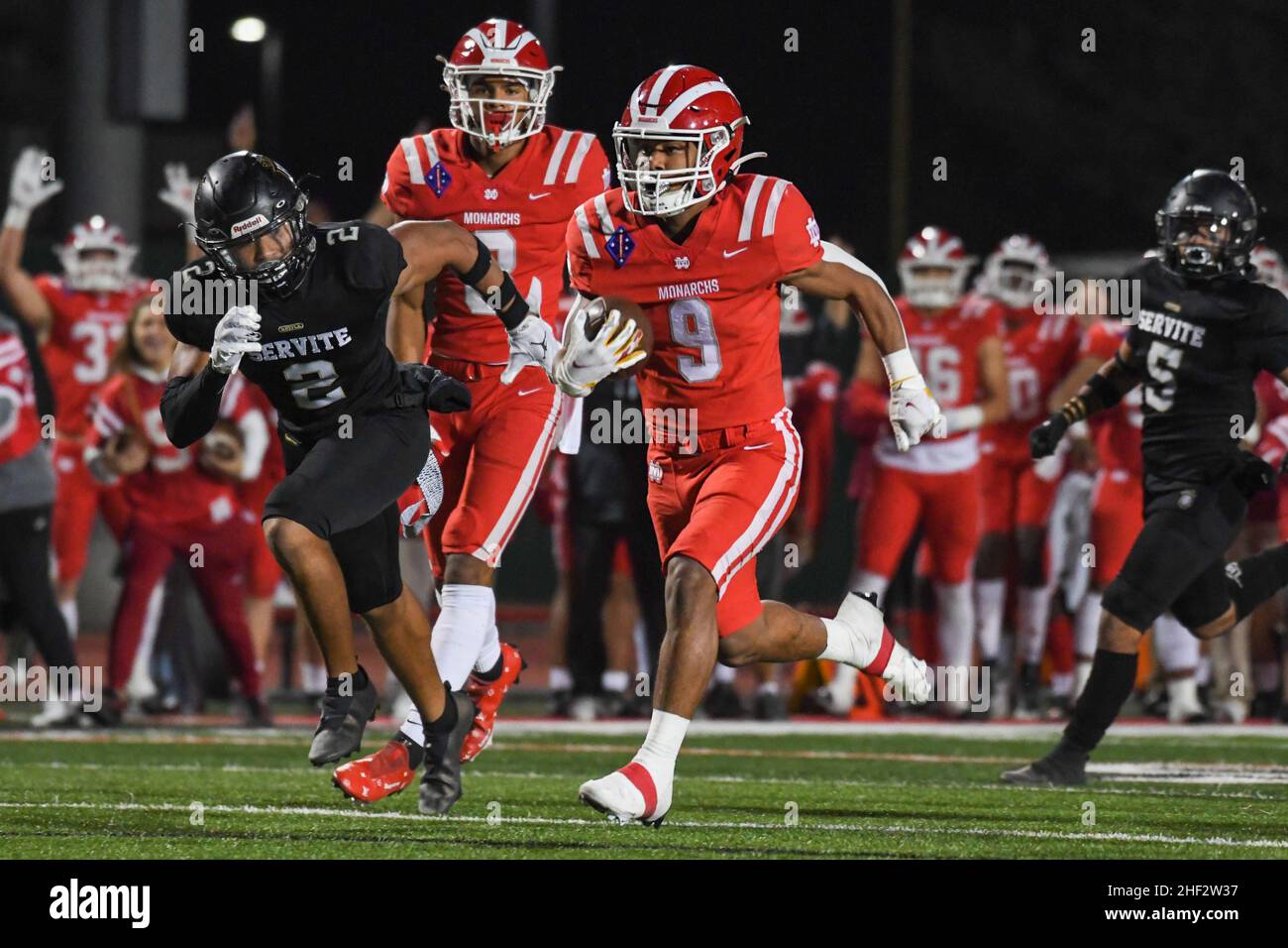 Mater Dei Monarchs running back Ajon Bryant (9) during a high school football game against Servite, Friday, Nov. 26, 2021, in Long Beach, Calif. The M Stock Photo