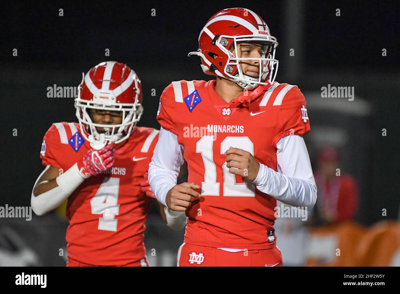 Mater Dei Monarchs quarterback Elijah Brown (12) during a high school football game against Servite, Friday, Nov. 26, 2021, in Long Beach, Calif. The Stock Photo