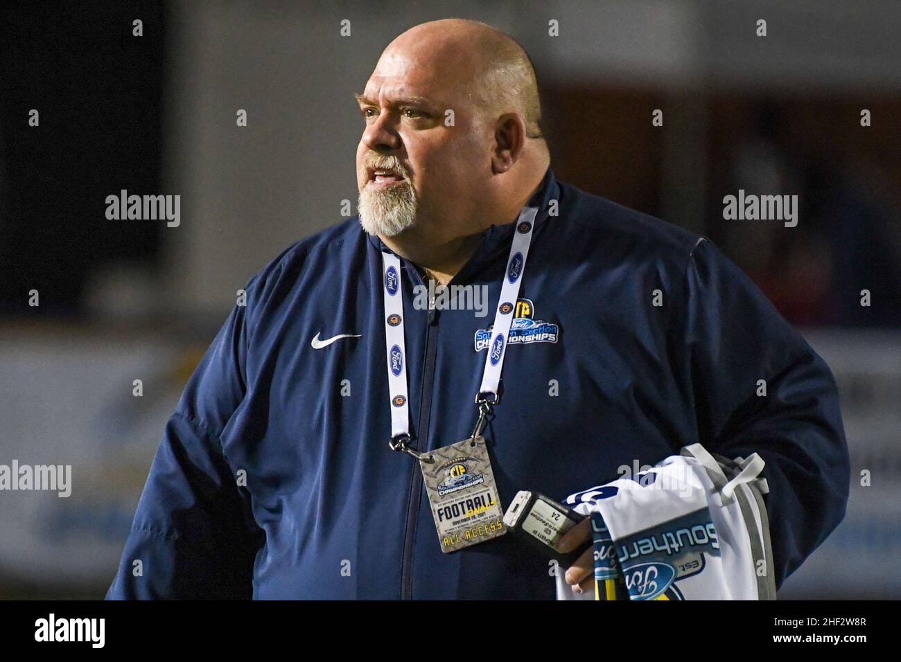 CIF Southern Section assistant commissioner Thom Simmons works during a high school football game between Mater Dei and Servite, Friday, Nov. 26, 2021 Stock Photo