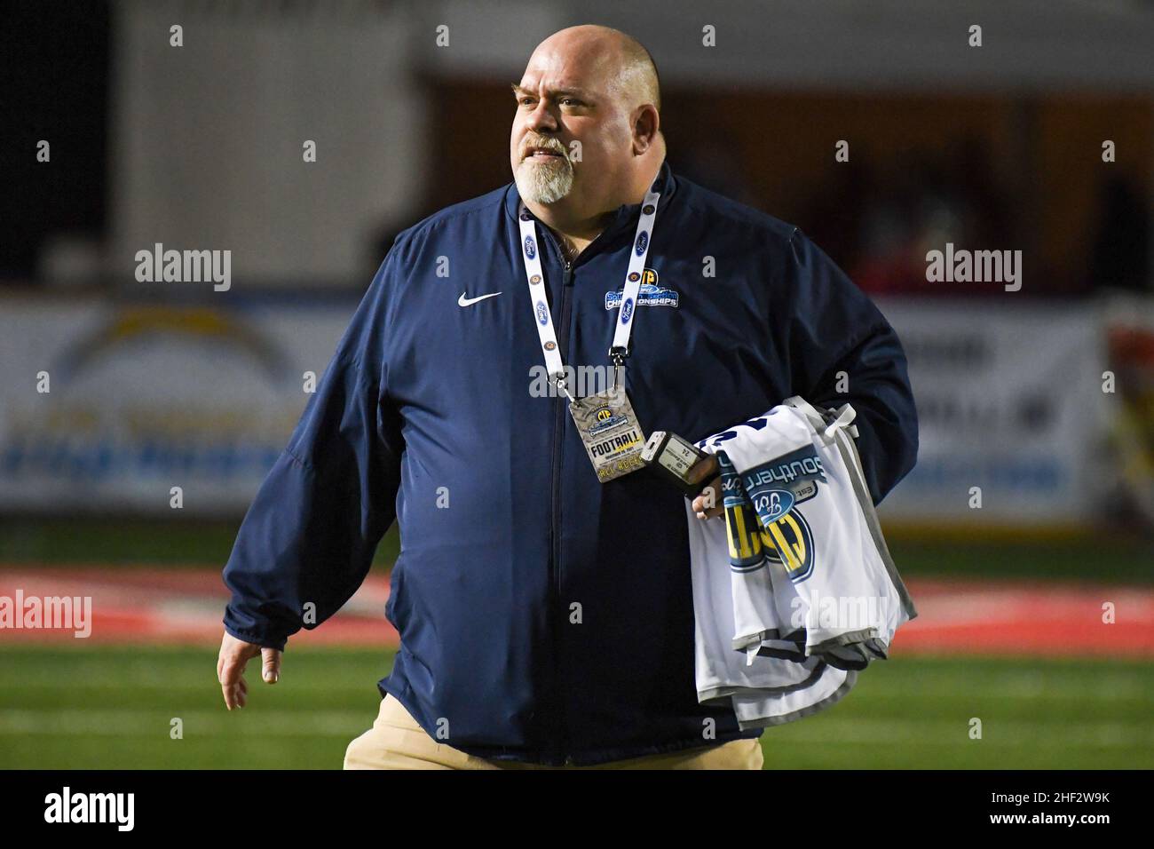 CIF Southern Section assistant commissioner Thom Simmons works during a high school football game between Mater Dei and Servite, Friday, Nov. 26, 2021 Stock Photo