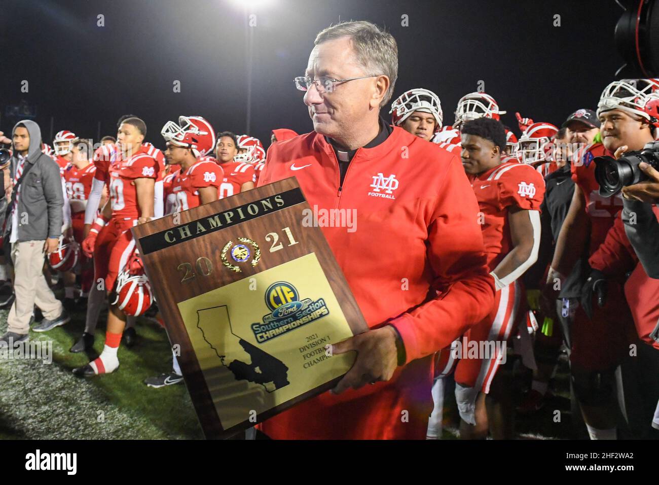 President of Mater Dei High School Walter E. Jenkins during a high school football game against Servite, Friday, Nov. 26, 2021, in Long Beach, Calif. Stock Photo