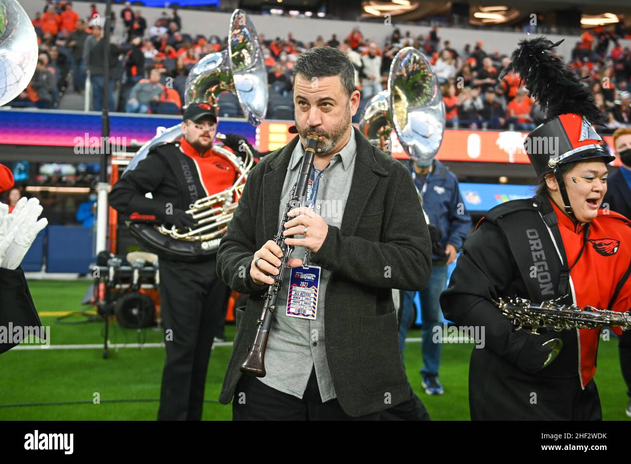 American television host Jimmy Kimmel during the LA Bowl game, Saturday, Dec. 18, 2021, in Los Angeles. The Utah State Aggies defeated Oregon State Be Stock Photo