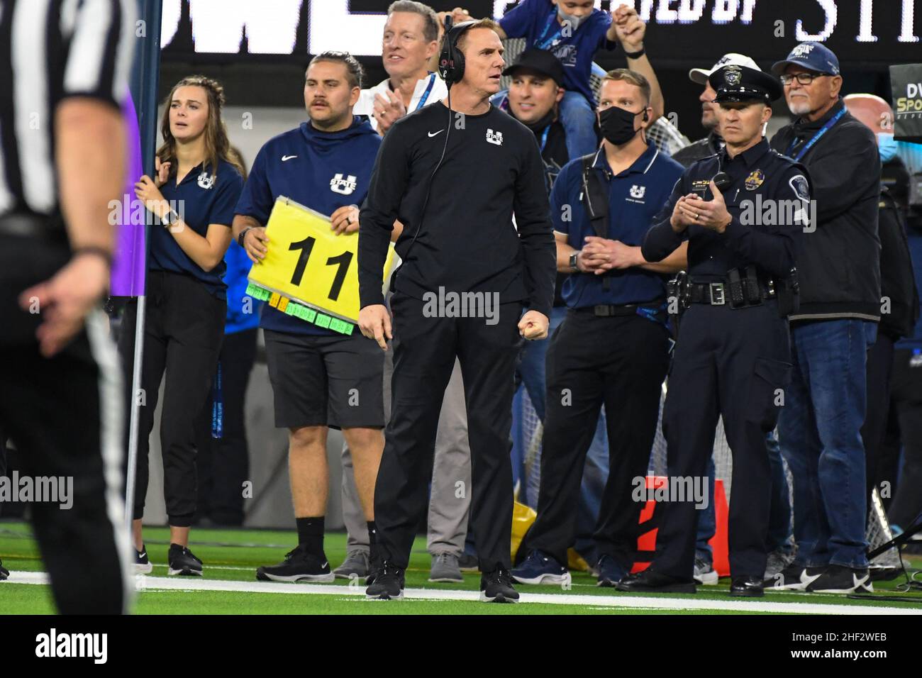 Utah State Aggies head coach Blake Anderson during the LA Bowl game, Saturday, Dec. 18, 2021, in Los Angeles. The Utah State Aggies defeated Oregon St Stock Photo