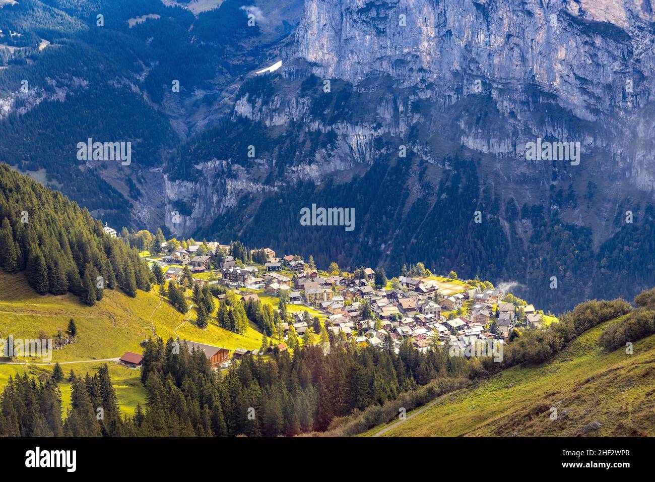 panorama view of the small high elevation town of Murren Switzerland ...