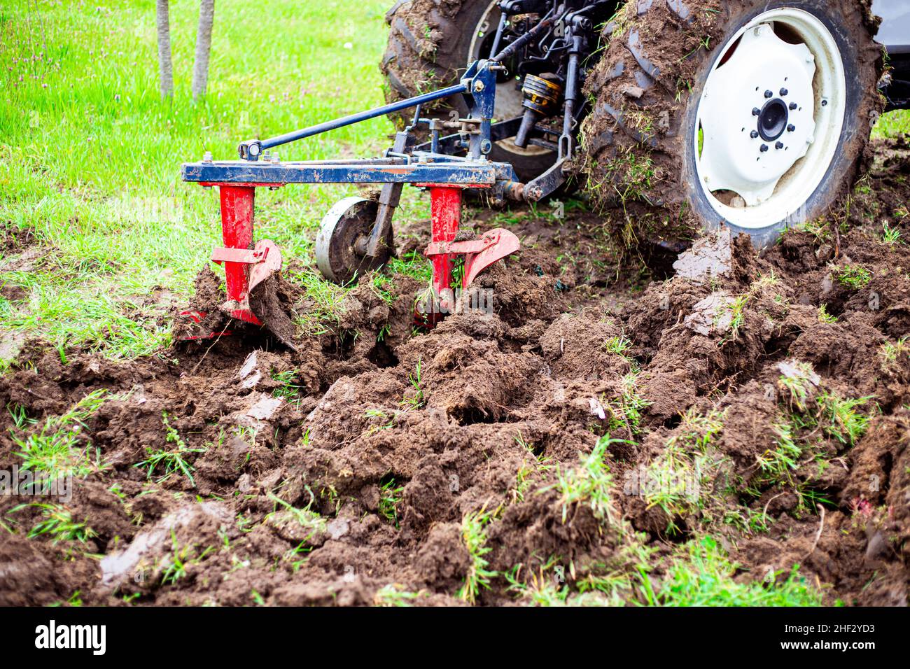 The tractor plows the land in the garden with a plow in early spring. Preparing the soil for planting crops. Stock Photo