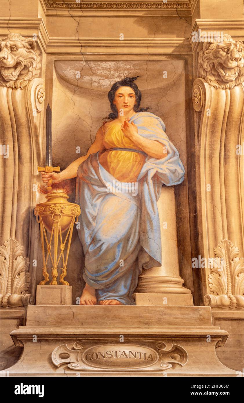 ROME, ITALY - AUGUST 27, 2021: The  symbolic fresco of constancy virtue in the church Chiesa di Santa Lucia del Gonfalone Cesare Mariani from 19. cent Stock Photo