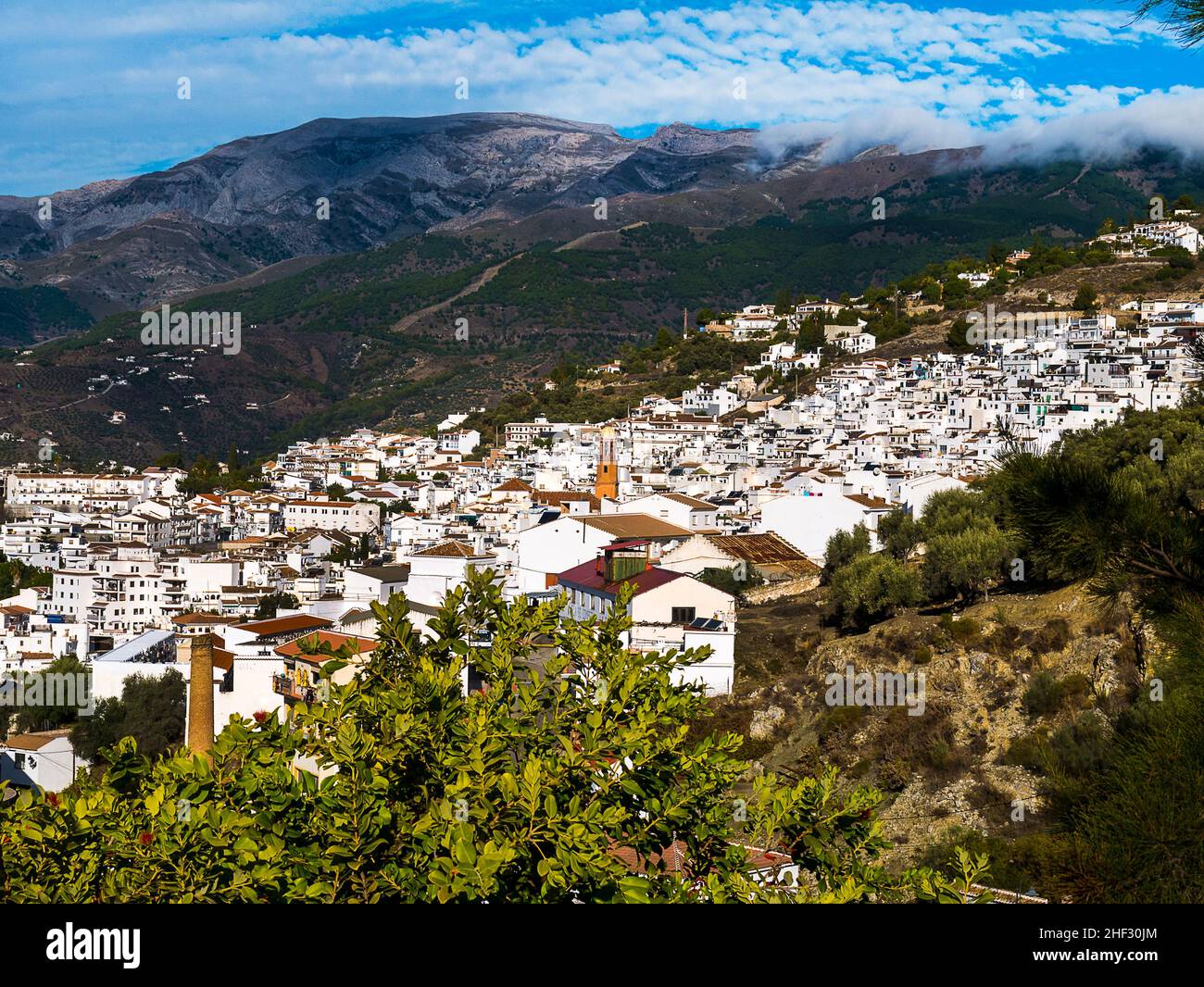 Competa is a white town in the mountains above Málaga in Andalucia southern Spain. This is a Mirador viewpoint and play area above the town Stock Photo