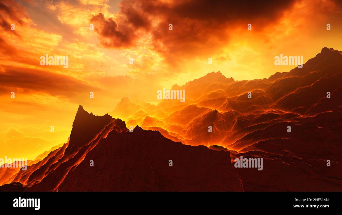 Fantastic unique sunset over volcanic hot rocks. 3d illustration Stock