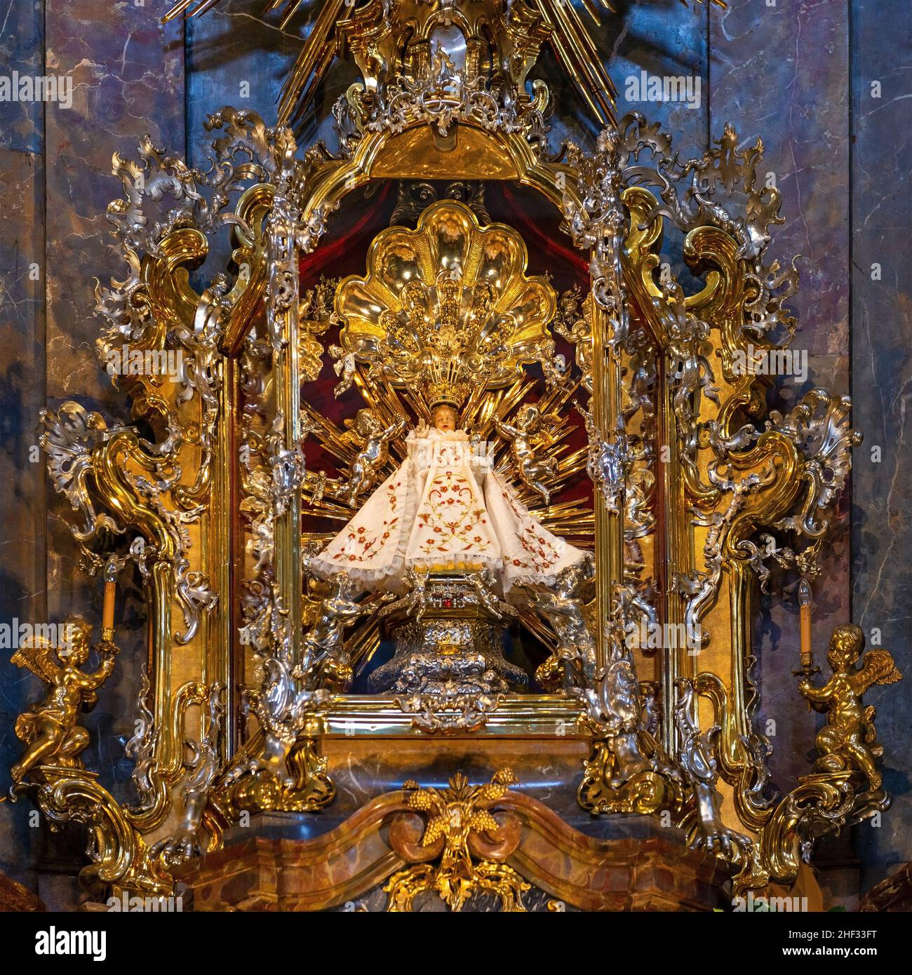 Church of Our Lady Victorious with Shrine of the Infant Jesus of Prague close up, first station on the Apostolic Road in Prague, Czech Republic. Stock Photo