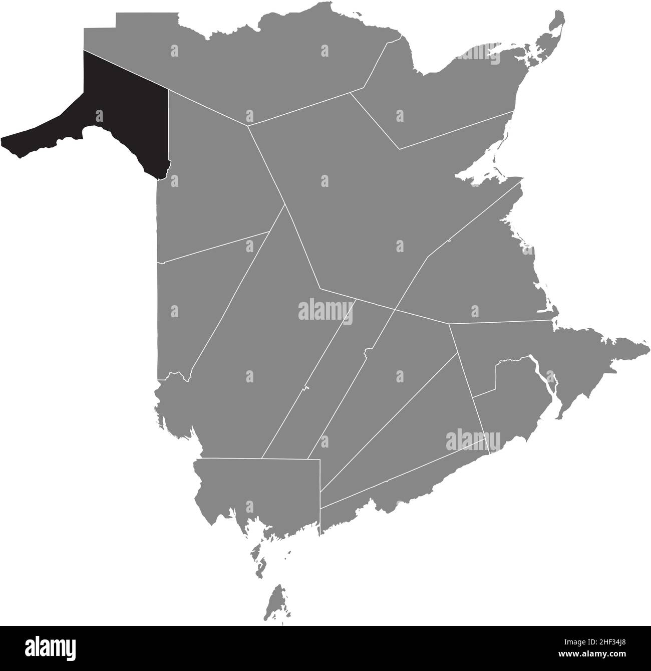 Black flat blank highlighted location map of the MADAWASKA COUNTY inside gray administrative map of counties of Canadian territory of New Brunswick, C Stock Vector