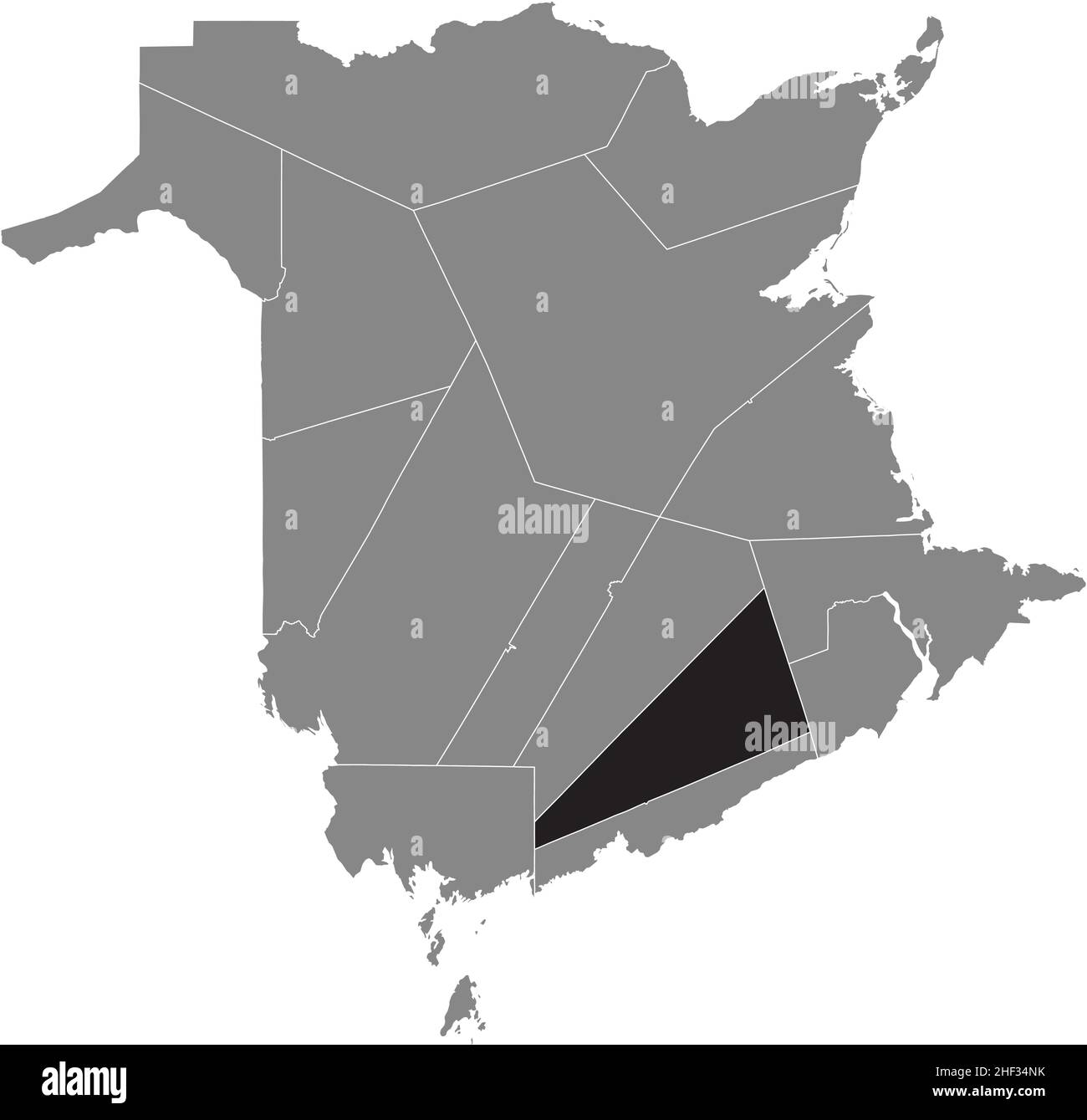 Black flat blank highlighted location map of the KINGS COUNTY inside gray administrative map of counties of Canadian territory of New Brunswick, Canad Stock Vector