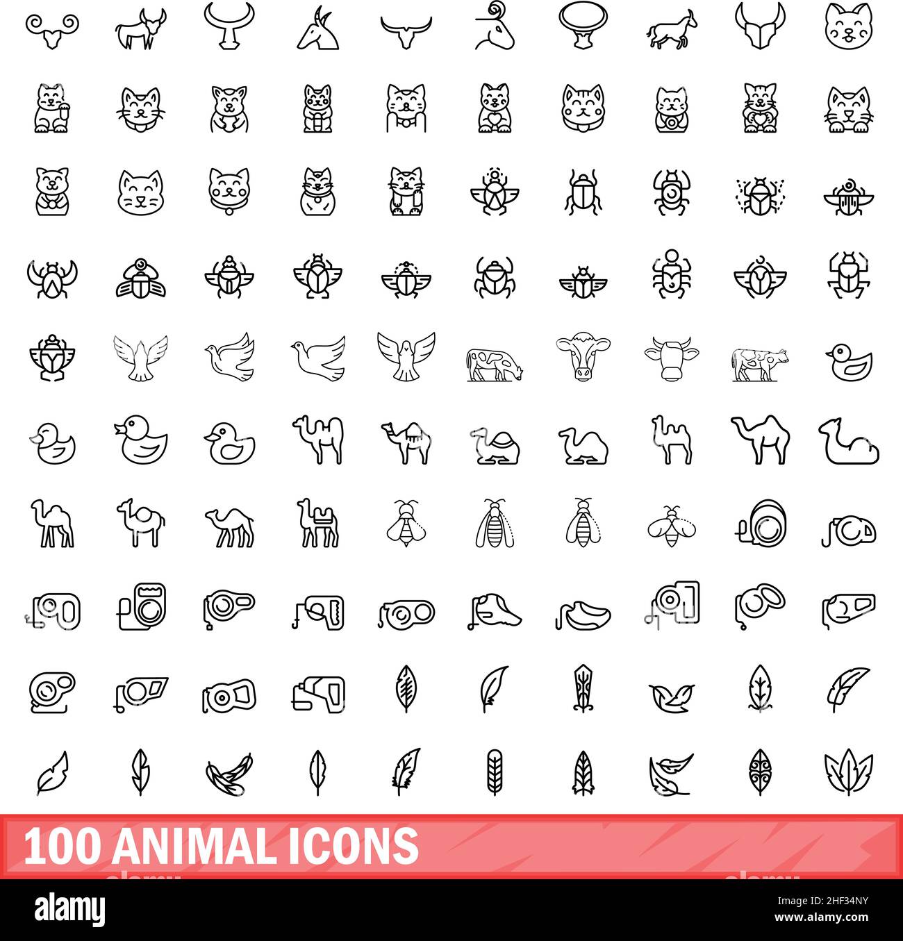 100 animal icons set. Outline illustration of 100 animal icons vector set isolated on white background Stock Vector
