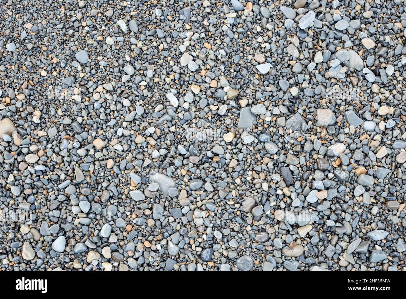 A background of small wet pebbles in different shades of grey and ochre. stones symbolising strength and endurance. Stock Photo