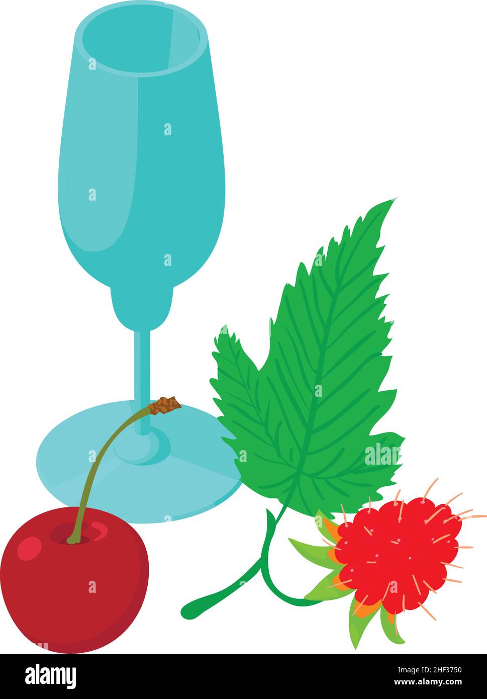 Fruit drink icon isometric vector. Stemmed glass, red ripe cherry and raspberry. Ingredient for refreshing summer drink, vitamin beverage Stock Vector