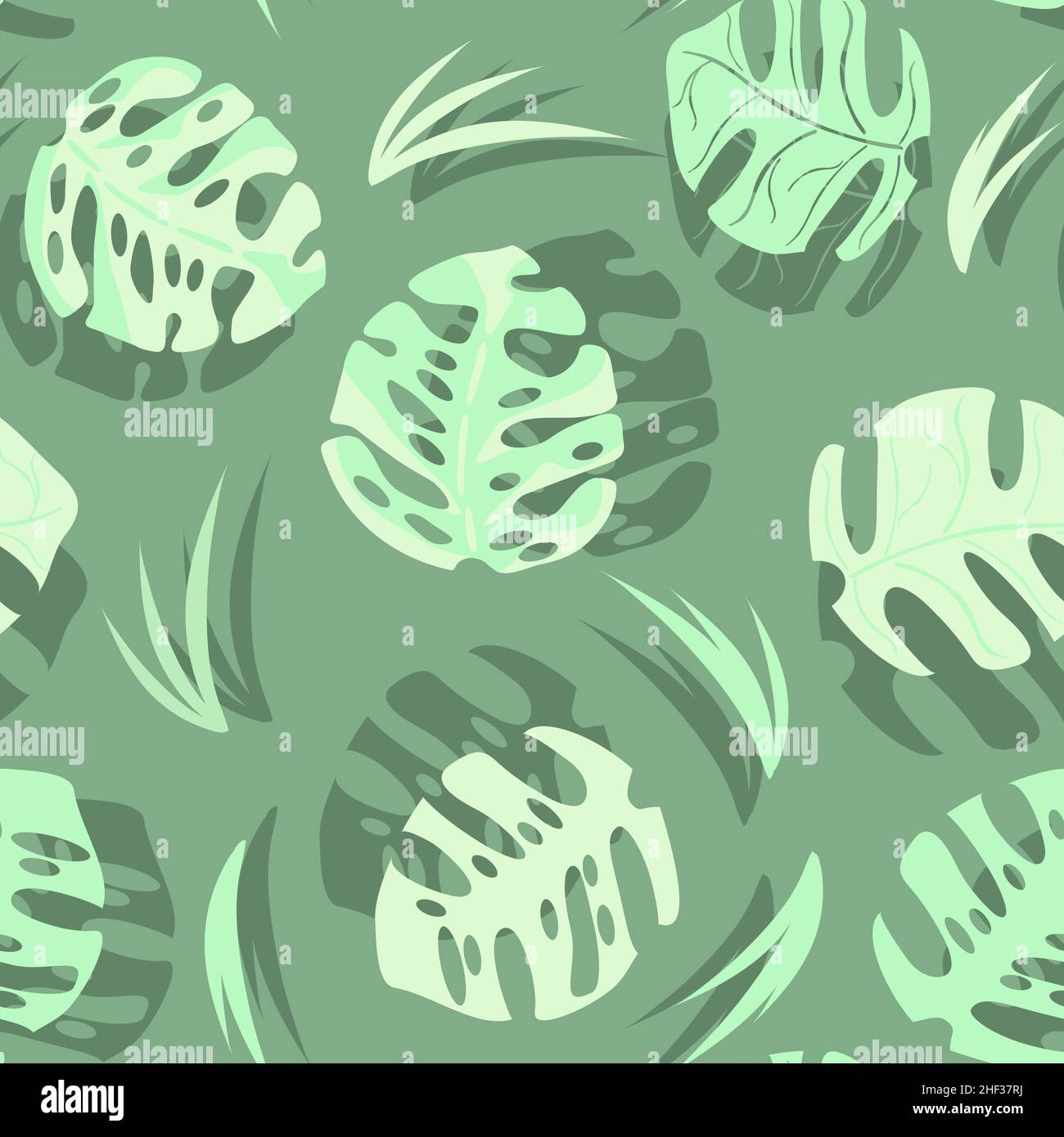 light green manstera leaves on green background pattern Stock Vector