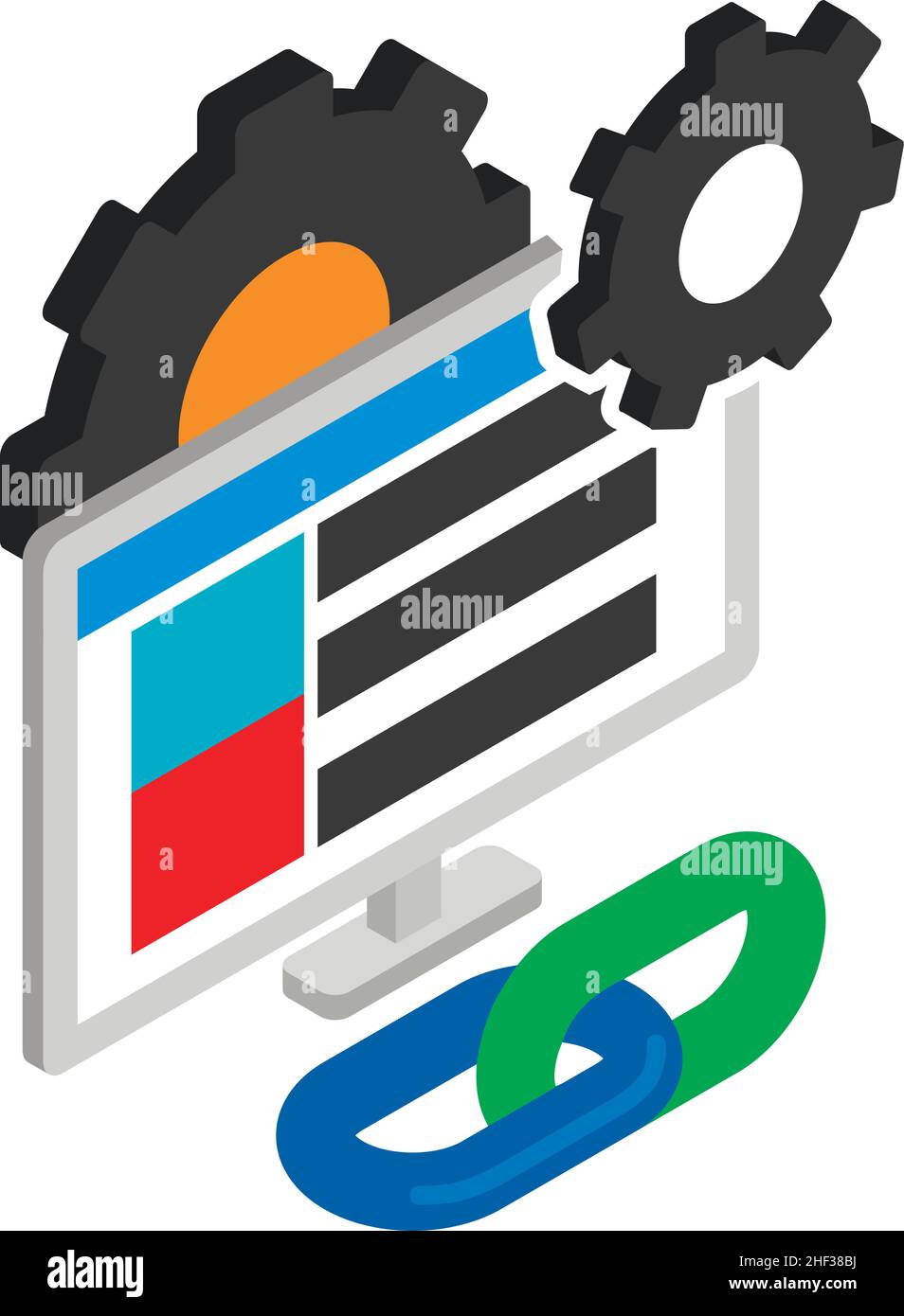 Link building icon isometric vector. Computer monitor, chain link and gear icon. Internet business development, backlink strategy, seo concept Stock Vector