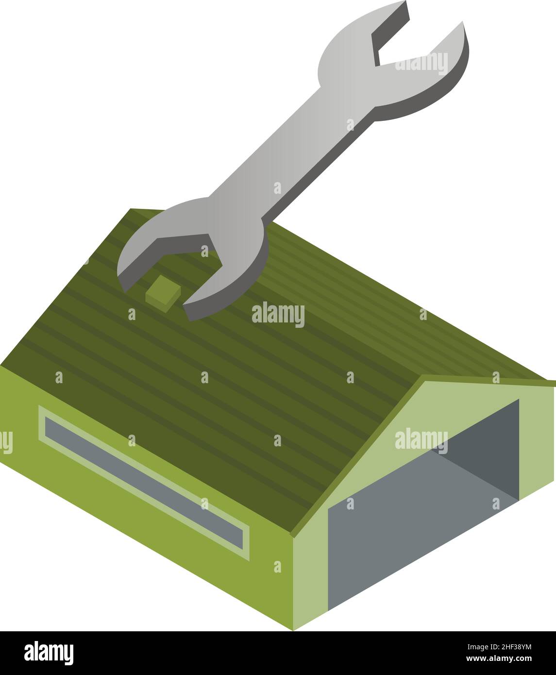 Repair concept icon isometric vector. Stainless steel wrench and hangar building. Building renovation, equipment, tool, maintenance Stock Vector