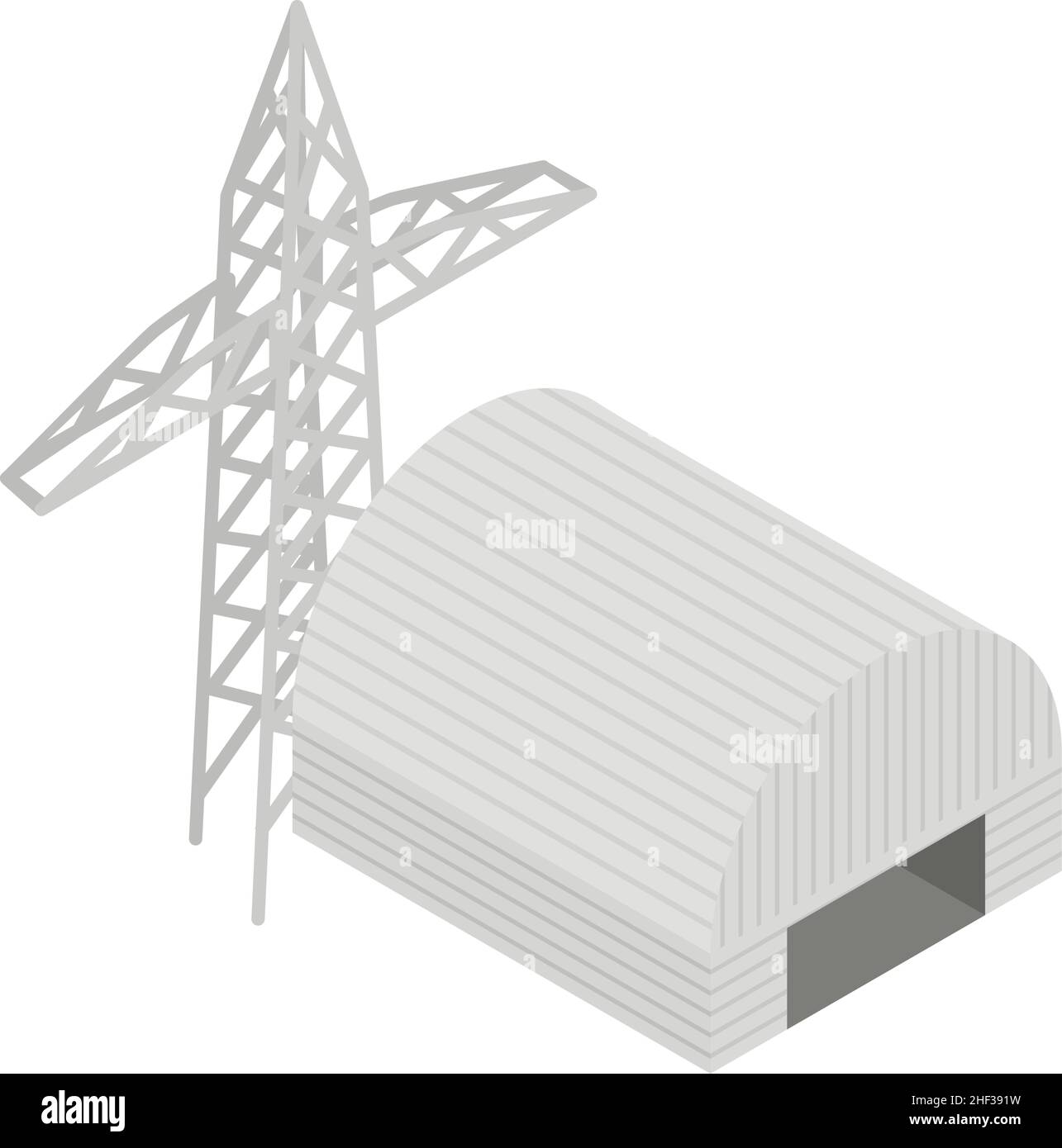 Power transmission icon isometric vector. Power line pylon and hangar building. Electric pole, distribution energy, electrification Stock Vector