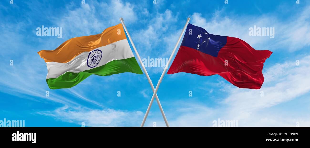 crossed national flags of India and Samoa flag waving in the wind at ...