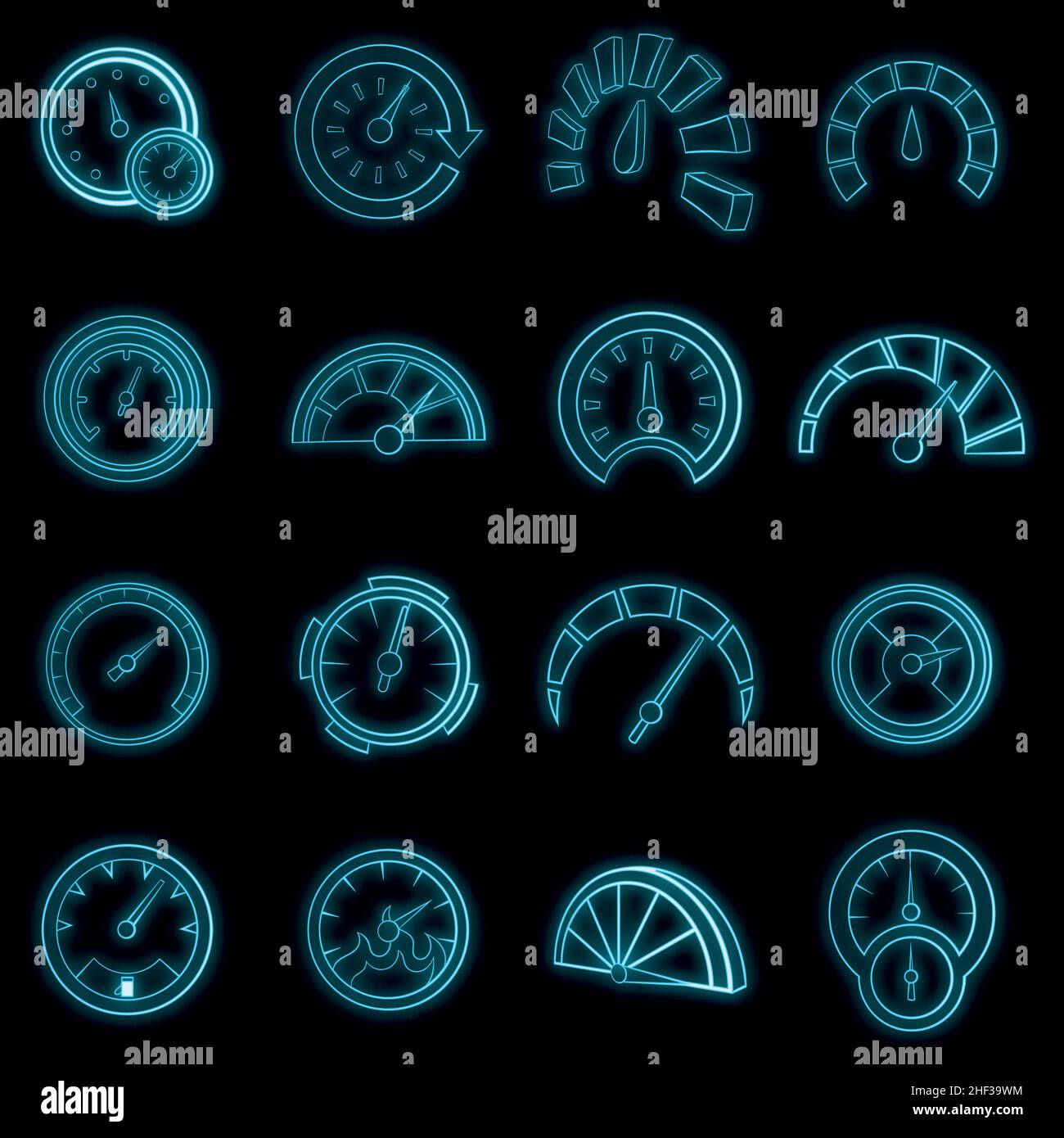 Speedometer set icons in neon style isolated on a black background ...