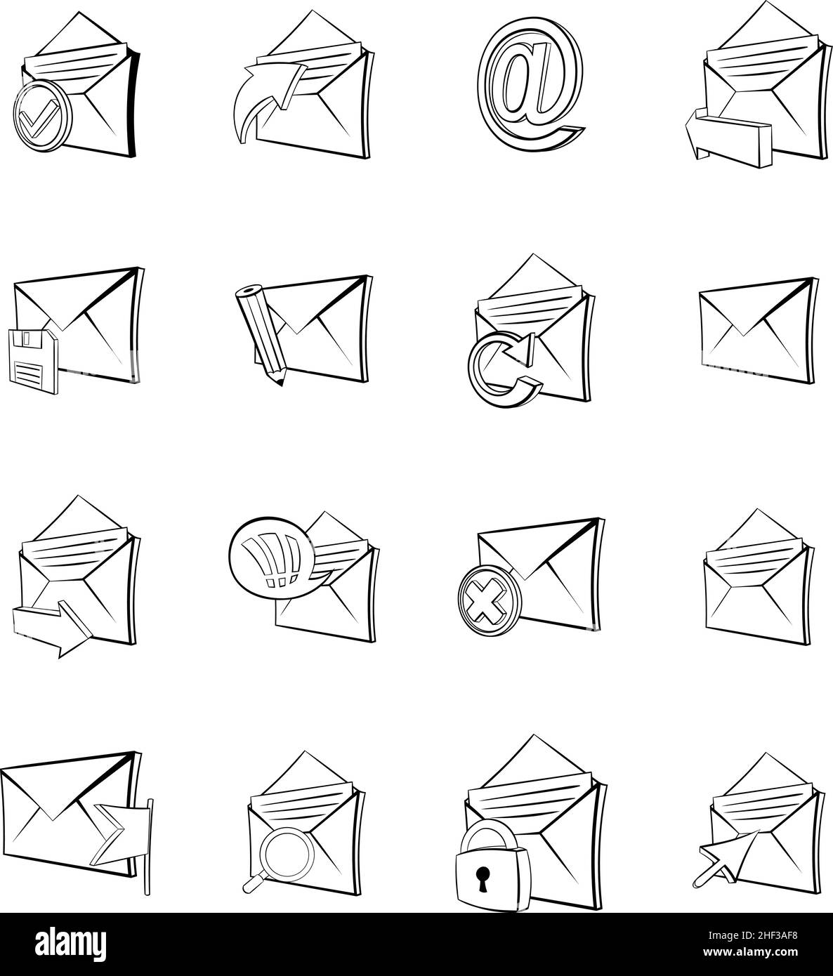 Mail icons set in outline style isolated on white background Stock