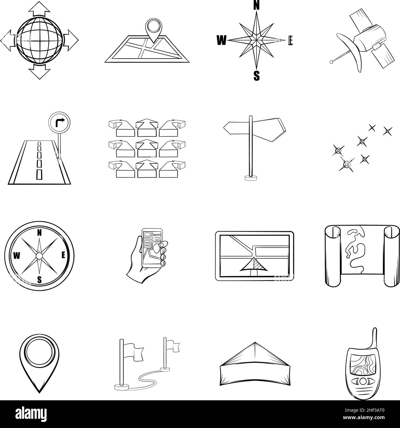 Navigation icons set in handdrawn style isolated on white background