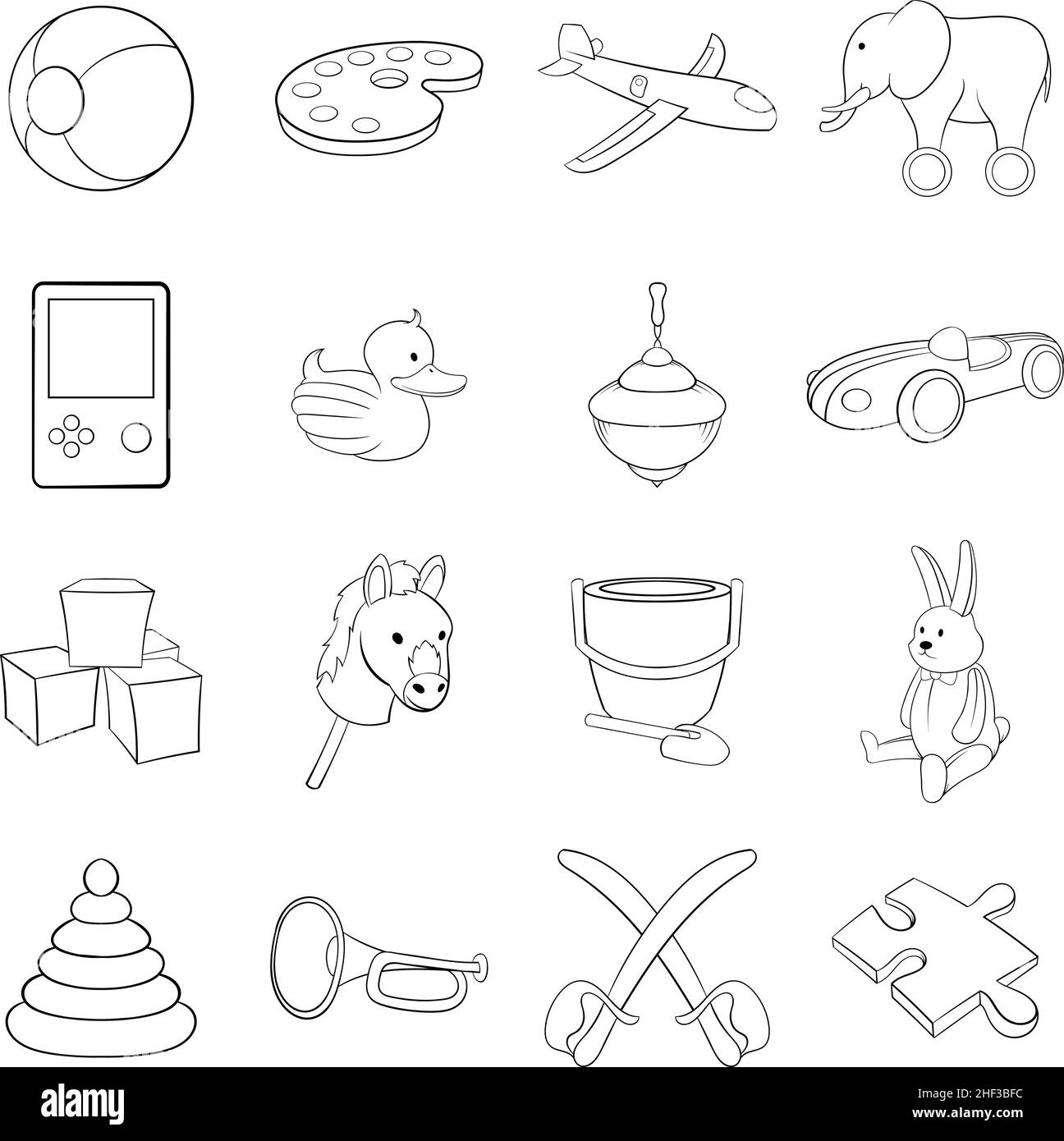 Toys icons set in outline style isolated on white background Stock Vector