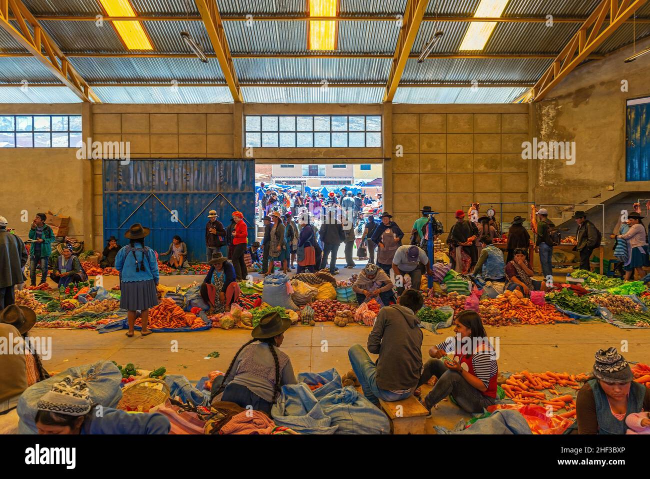 Interior local market of Tarabuco market with bolivian people and tourists near Sucre, Bolivia. Stock Photo