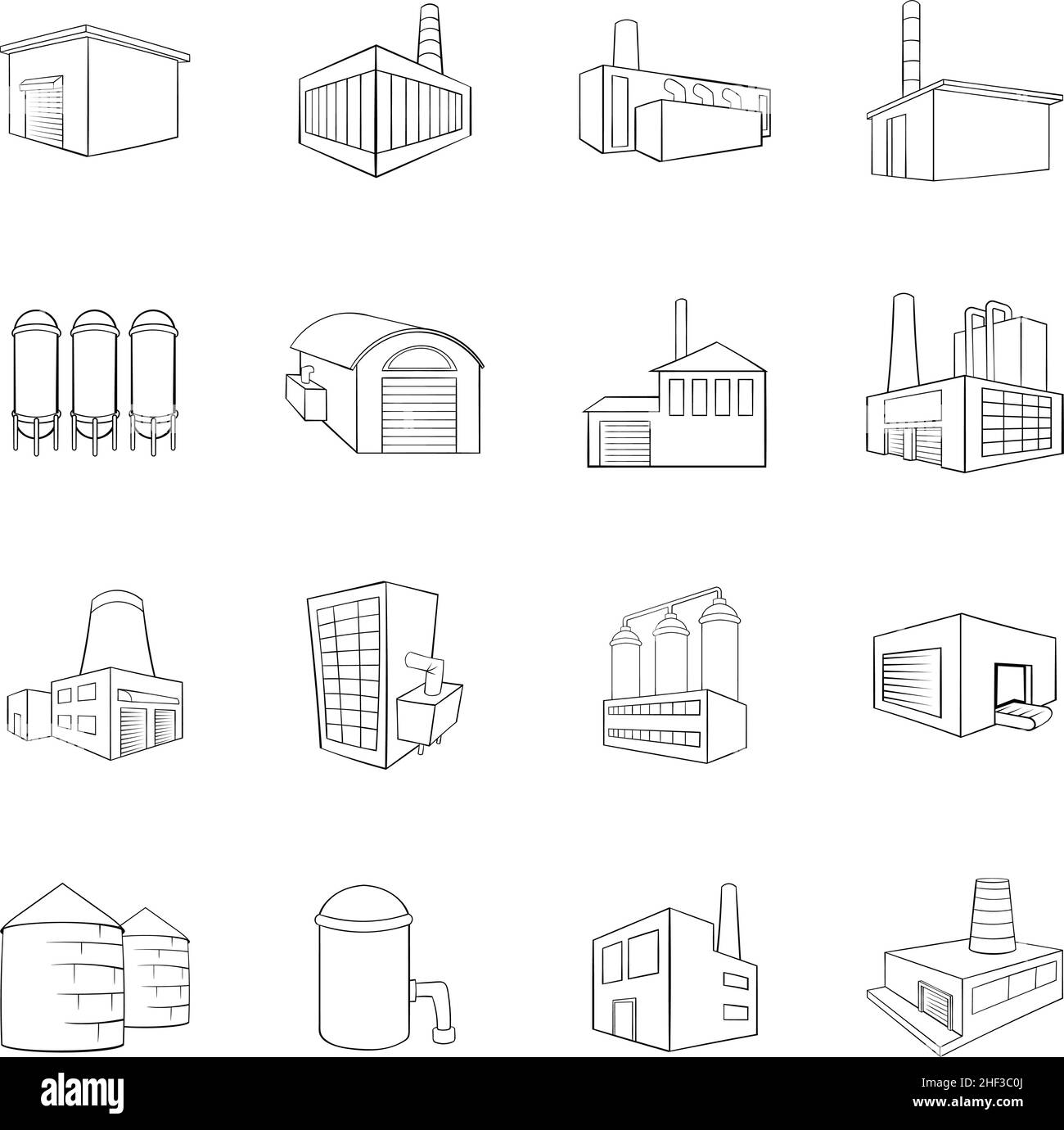Industrial building plants and factories icons set in outline style ...
