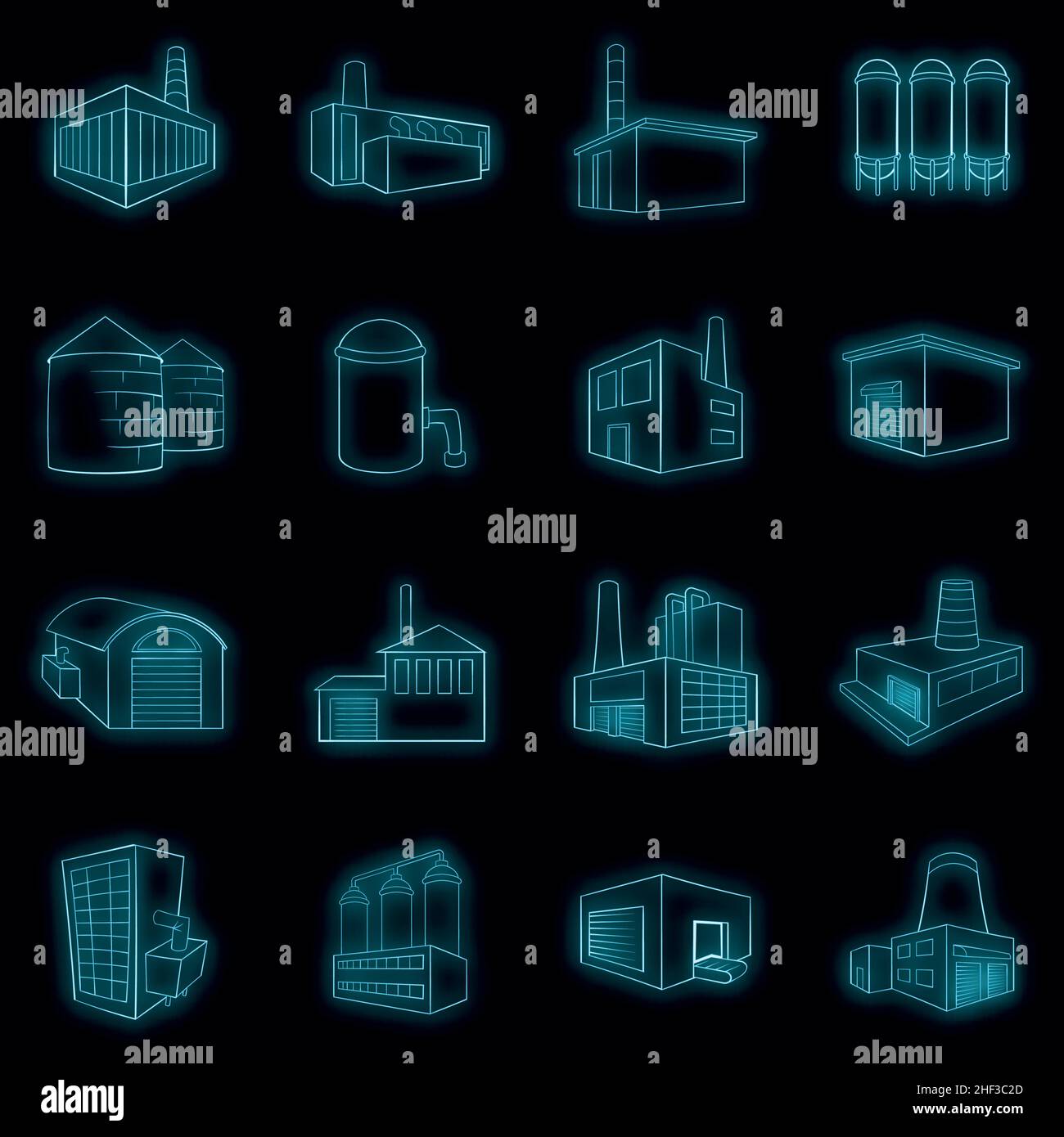 Industrial building plants and factories set icons in neon style ...