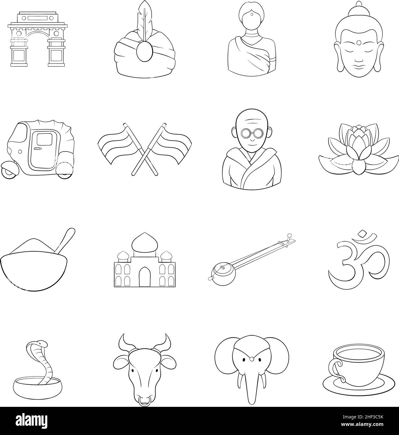 India icons set outline style isolated on white background Stock Vector