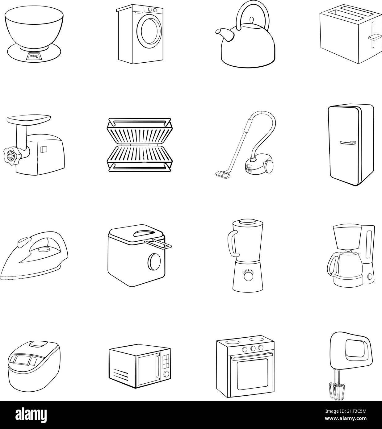 Household appliances icons set in outline style isolated on white ...