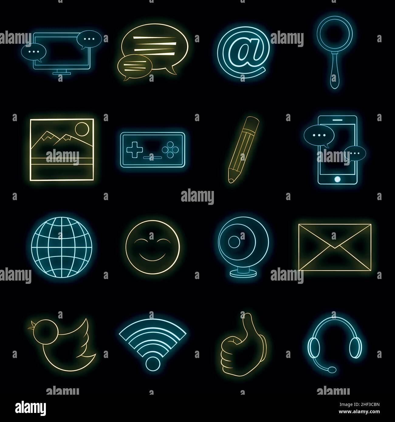 Social media icons in neon style. Internet set collection isolated ...